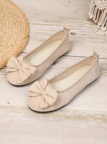 1 Paar elfenbeinweiße flache Ballettschuhe für Teenager-Mädchen, Obermaterial aus Leder mit Schleifen-Dekor, runde Zehenkappe, Schlupfeinstieg, rutschfest, für Lässig & Büro, geeignet für Frühling & Herbst