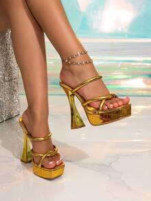Women's High Heel Thick Platform Fashionable Square Toe Gold Decor Transparent Glamorous Party High Heel Sandals, Suitable For Outdoor Wear - Gold - View 2