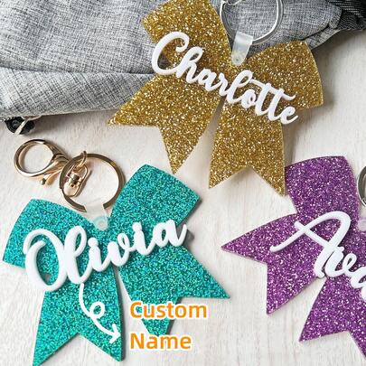 Customized Name Bow Keychain, July 4th Themed Accessory, Bow Girl Backpack Name Tag, Name Pendant, Backpack Label