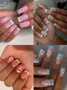 96 件（4 种混合）短方形 3D 凝胶指甲制作花指甲与钢球设计法式亚克力按压指甲完美贴合假指甲套装，包括：1 件果冻胶和 1 件指甲锉，易于佩戴的夏季指甲和法式尖头指甲艺术，适合女性和女孩日常佩戴和派对使用指甲用品指甲