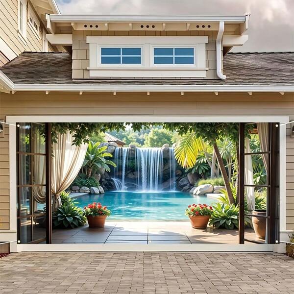 1pc Spring Themed Banner, 2D Door Banner, Multipurpose Indoor/Outdoor Decor, Requires No Electricity, Suitable For Garage Decoration, Peaceful Waterfall And Greenery Design