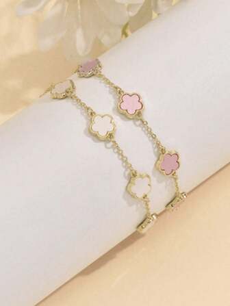 2 件简约白色和粉色 5 瓣花和三叶草手链，时尚百搭女士珠宝