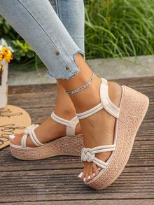 1 Pair Summer Thick Sole Platform Sandals, Casual Versatile Footwear For Teenagers, Slightly Small Size - Beige - View 4