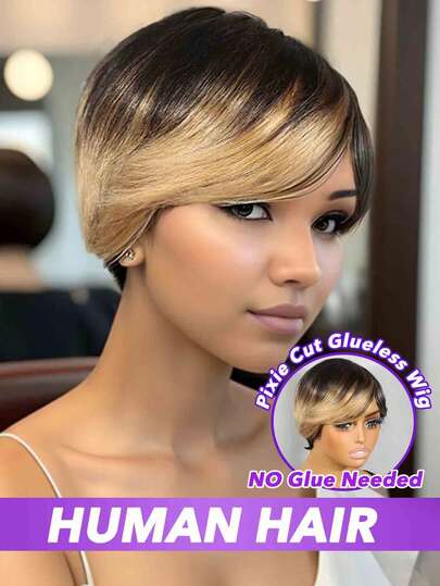 Beginner Friendly Pixie Cut Wig - Short , Mixed Gold Highlights, Straight Pixie Cut Wig , Wear & Go Glueless Wig , Full Machine Made ,Comfortable & Breathable,5 Inch 150% Density, Brazilian Remy Human Hair,Natural Black 1B/27 1B/BUG 1B/99J