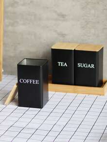 1个带竹盖的锻铁罐，密封厨房储物罐，适用于存放咖啡、糖、茶叶 - 方形马口铁密封罐，方便整理和食品储藏室展示 - 彩色 - 查看 3