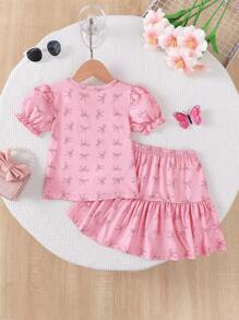 2pcs Girl Butterfly Pattern Ruffle Sleeve Top & Skirt Set, Fashionable Outfit For 4-7Y Girls, Suitable For Outdoor/Party Occasions