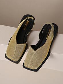 Damen Elastische Slip-On Quadratische Zehenriemchen Sandalen - Frühling/Herbst Geschlossene Zehe Flach mit Glitzer Stoff Glänzend Gold Obermaterial, Bequeme Gummisohle und Knöchelriemen - Lässig & Formell Doppelnutzung, Alltäglicher Gebrauch, Modisch und langanhaltend Rutschfeste Schuhe