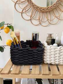 1 Buah Kotak Organizer Kosmetik Putih Anyaman Tangan dengan Tali Tebal untuk Kuas Makeup & Produk Perawatan Kulit, Tas Makeup, Perlengkapan Perjalanan - Hitam - View 3