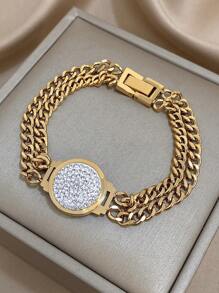 1 pieza Brazalete de cadena con cara de reloj de acero inoxidable con baño de oro y circonita con corte de diamante para mujeres: Lujo de dos capas, Eslabones de CZ, Regalo para mamá, Regalo para maestro, Esencial para playa, viajes y fiestas de verano, Accesorio para rave/baile de graduación/fiesta/diario, Joyería dorada, Regalo de vuelta a la escuela, Regalo de cumpleaños