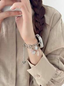 1pc Fashion Apple Watch Strap Gold Bracelet For Women, Metal Double Chain, Compatible With Apple Watch Series 10/9/8/7/SE/6/5/4, 38mm 40mm 41mm 42mm 44mm 45mm 46mm 49mm, Smart Watch Band For Her Bracelet Wristband As Gift, Gift For Friends, Adjustable Apple Watch Strap