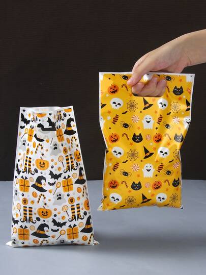 25/50/100 件万圣节手提礼品袋、万圣节派对礼品袋、黑猫幽灵南瓜女巫帽图案设计手提袋、节日手提袋、不给糖就捣蛋塑料包装袋、万圣节小礼品派对礼品、多功能包装袋、万圣节派对装饰、家居装饰、节日装饰