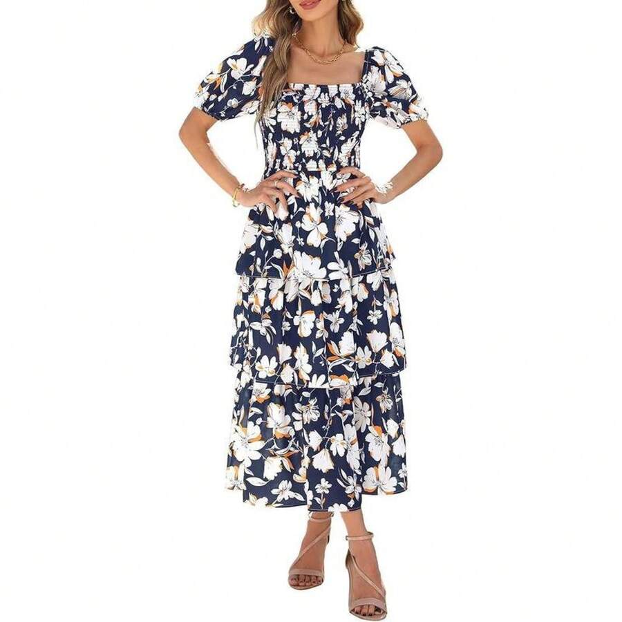 Womens Square Neck Smocked Dress Summer Puff Short Sleeve Floral Casual Ruffle Tiered Maxi Wedding Guest Dresses - Nude Blue Flowers - View 1