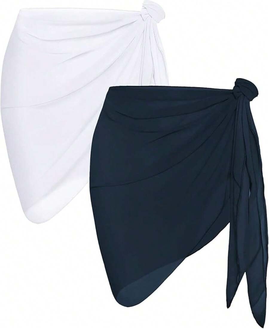 CHICGAL 2 Pieces Women Beach Sarong Bathing Suit Wrap Skirt Sheer Bikini Swimsuit Cover Ups Swimwear - 白色和海軍藍 - 查看 1