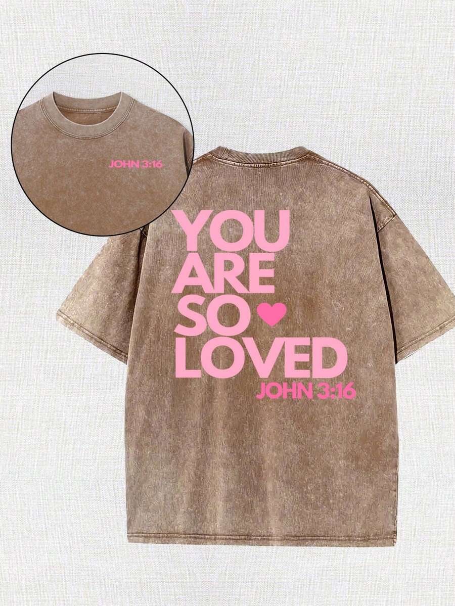 You Are A Love Printed Retro Washed T-Shirt, 230G Retro Street Style. Simple And Versatile, Pure Cotton Is Of High Quality, Novel And Fashionable, And It Is A Must-Have Fashion T-Shirt For Spring And Summer. - 卡其色 - 查看 1