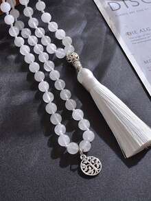 108 珠 8 毫米白玉念珠项链 - 波西米亚复古男女通用冥想祈祷珠宝，带结，适合日常佩戴、瑜伽和精神珠宝 - 白色 - 查看 4