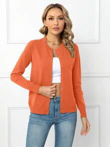 DEARCASE Damen Lässig einfarbiger Langarm Knopf-Cardigan Pullover - Gebrannte Orange - Übersicht 3
