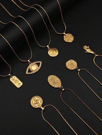 1 件不锈钢金色波西米亚风格邪眼、大眼、星星和月亮吊坠项链，独特的个性化珠宝，适合男士和女士，情人节礼物