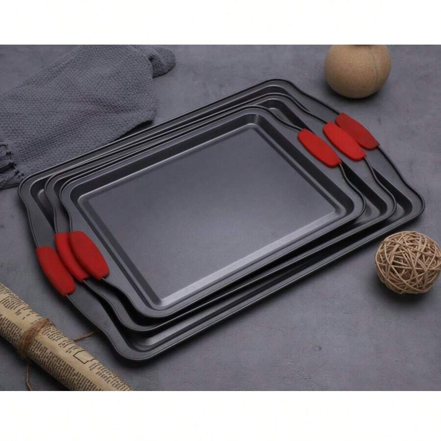 Baking Sheet Set, 3-Piece Cookie Sheet Set With Silicone Handles, Steel Baking Pans Set, Durable Baking Sheets For Oven, Cookie Sheets For Baking Nonstick Set, Sheet Pan - Black Baking Pan - Black - View 1