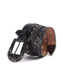 男女通用水钻腰带，适合西部牛仔/女孩，镶嵌奢华水晶水钻的牛仔/男孩皮带，适合万圣节夏季、秋季、秋季、万圣节 - 黑色 - 查看 2