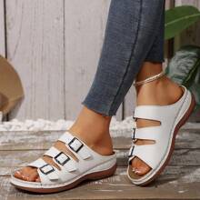 Plus Size Women's Simple 3-Buckle Sandals, Casual Slip-On Wedge Sandals, Versatile And Suitable For Commuting And Walking