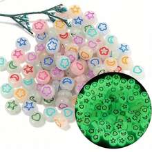 1 包 100/500 颗夜光亚克力透明圆珠，多种图案，适合 DIY 手链、项链、珠宝制作