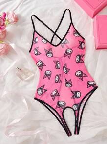 Sanrio Sanrio Damen Kuromi Süßer Digitaldruck, V-Ausschnitt, transparent, Schleifendekor, Teddy Bodysuit, sexy Dessous Bodysuit für Ausgehen