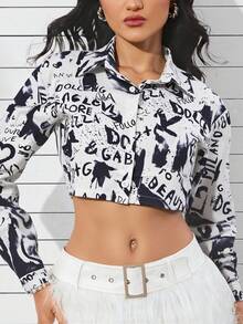 Mujer Truncada Manga Larga Con Bolsillo Camisa Ultra Corta Camisa Floral Holiday Matching - Blanco y Negro - Ver 3