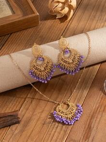 3 件套波西米亚风格合金心形铃铛耳环项链套装，女士日常佩戴