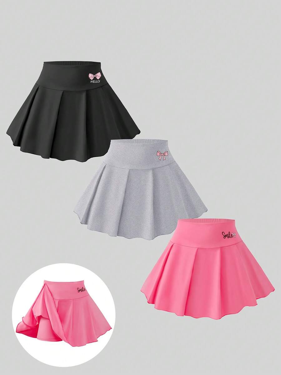 3pcs/Set Tween Girl Casual School Style Butterfly Print Pleated Skorts, Autumn/Winter - Multicolor - View 1