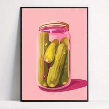 Vibrant Cartoon Pickle Jar Canvas Wall Art - Stunning Frameless Art Deco Modern Retro Print With Pink Background For Home Office Bathroom Living Room Bedroom Kitchen Wall Hanging Decor - Unique Indoor Ink Artwork Poster With High-Quality Printing And Long-Lasting Colors