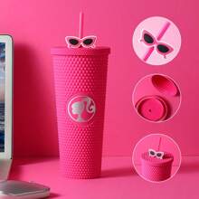 Miniso Barbie Serie Durian Strohhalm Tasse mit Deckel, Großer-Kapazität Wasserflasche Tumbler, Plastik Kaffeebecher, Geburtstaggeschenk für Mädchen 700ml/24oz