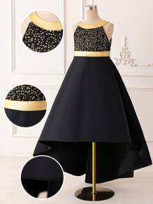 Vestido formal de hombros descubiertos de fiesta de boda para niña preadolescente, elegante vestido de dama de honor de tren para fiesta de cumpleaños, vestido de princesa lujoso negro y dorado para ocasiones especiales