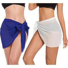 CHICGAL 2 Pieces Women Beach Sarong Bathing Suit Wrap Skirt Sheer Bikini Swimsuit Cover Ups Swimwear - 白色和皇家藍色 - 查看 7