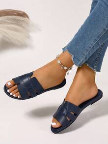 Women's Summer New Round Toe Flat Non-Slip Wear-Resistant H-Shaped Woven Strap Hollow Peep Toe Navy Blue Flat Slippers, Matching Dresses, Leggings, Casual Pants, Shorts, Mini Skirts, Women Sandals, Spring, Summer, Autumn, Valentine's Day, Holiday Party, Fashion Casual, Elegant, Minimalist, Romantic, Cute, Resort, Travel, Breathable Comfort, Daily Match, Navy Blue, Beach Shoes, Women's Fashion Flat Sandals - Navy Blue - View 3