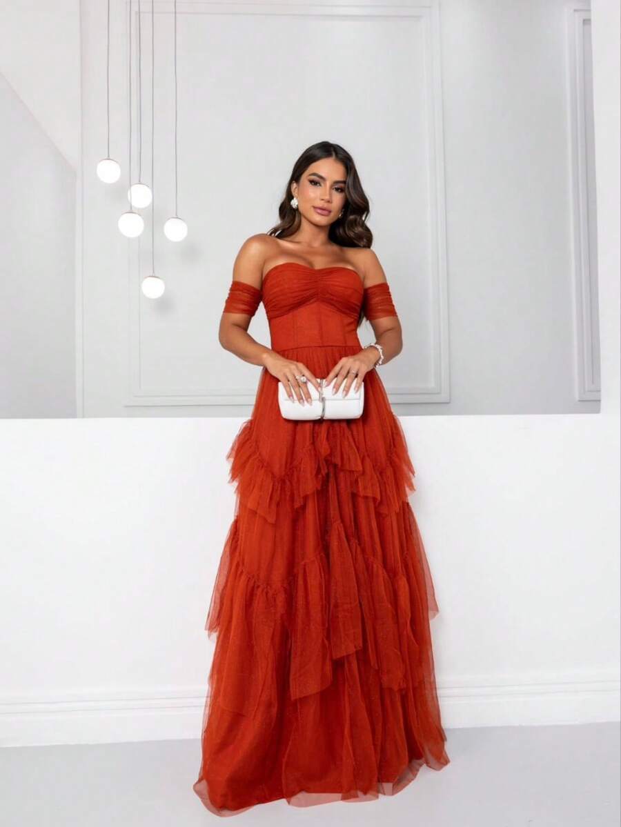 Elegant Party  ElegantElegance Zipper Applique Pleated Wedding Birthday Party Prom - Burnt Orange - View 1