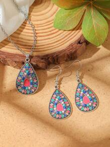 TopHanqi 3pcs Women Bohemian Vintage Jewelry Set, Geometric Teardrop Oil Drip Earrings & Beaded Pendant Necklace, Cute & Elegant, Suitable For Daily Wear, Parties, Gatherings, All Season Gift