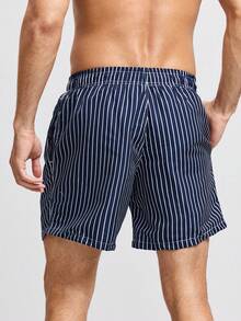 Striped Men's Beach Shorts With Pockets - Blue - View 2