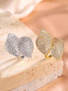 rakol 1 件时尚方晶锆石叶子设计开口戒指，适合女性日常佩戴 - 銀色 - 查看 9