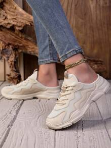 1 Pair Teens' Half-Heel Chunky Sneakers, Breathable Mesh Upper, Non-Slip Sole, Lace-Up Contrasting Color Design, Stylish & Versatile Casual Sneaker