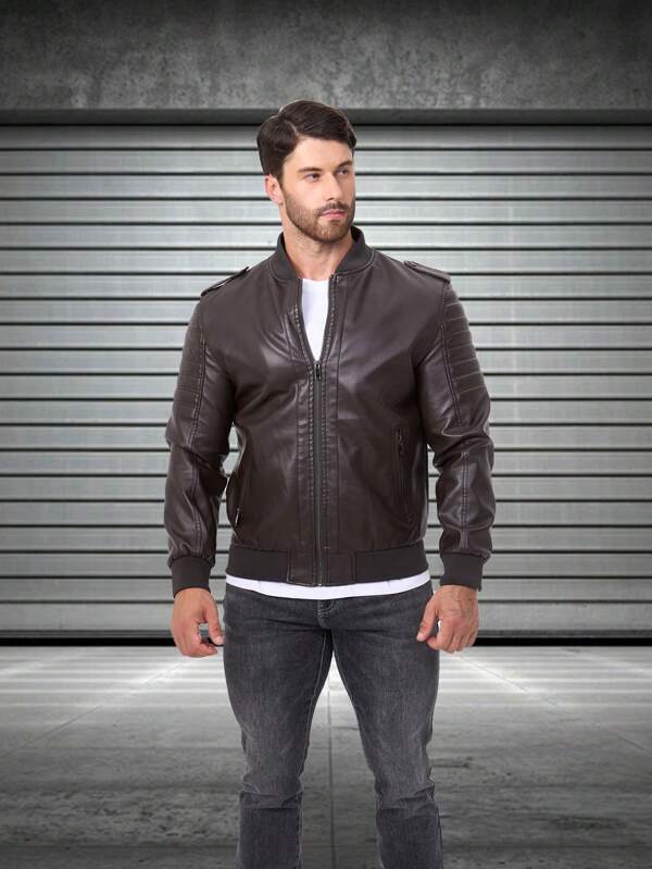 Men's Outdoor Professional Motorcycle Jacket, Raglan Sleeve, PU Leather, Racing Style, Stand Collar, Zipper Pockets, Autumn/Winter Sports Jacket