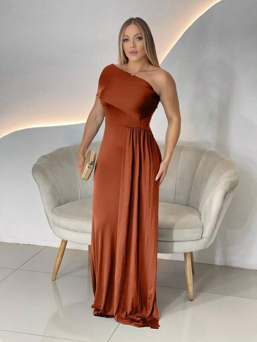 Long Women's Party And Event Dress, Elegant, Bridesmaids And Guests, Fluidity Knit With Lined Cups, One Shoulder, One-Sided, Zero Sleeves - 紅陶 - 查看 1