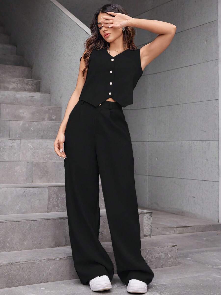 A&DD MODA, Ref: AS1431 – Women's Plain Suit, High-Waisted Straight Casual Pants, V-Neck Cardigan, Sophisticated Look, High Quality, Modern Look, Versatile Piece, Elegant Style, Two-Piece Set, Casual Chic Look, Comfortable And Stylish, Skirt With Pockets, Elastic Waistband, Eye-Catching Piece, Perfect For Spring And Summer, Blogger Style, Casual And Formal, Suitable For All Occasions, Elegant And Fresh, Feminine Look, Summer 2025 Collection. - 黑色 - 查看 1