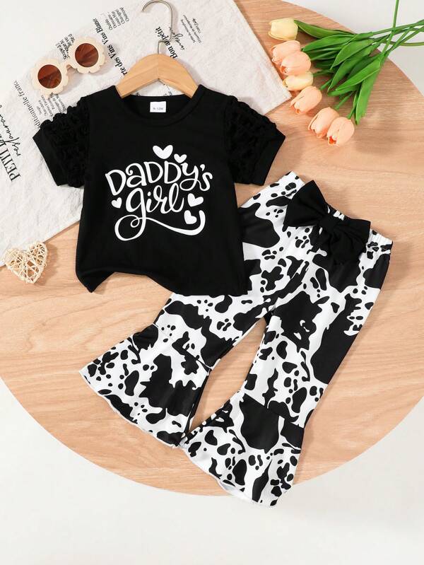 2pcs Baby & Toddler Girls' Casual Cute Puff Sleeve Letter Print T-Shirt And Cow Print Bow Hem Pants Set, Spring/Summer