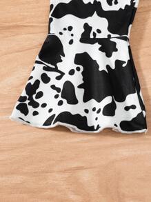 2pcs Baby & Toddler Girls' Casual Cute Puff Sleeve Letter Print T-Shirt And Cow Print Bow Hem Pants Set, Spring/Summer