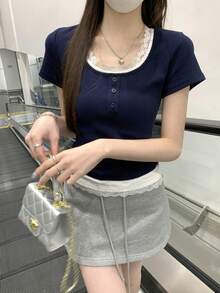夏季韩版撞色蕾丝边纽扣装饰短袖T恤上衣，女士休闲款 - 藏蓝色 - 查看 2