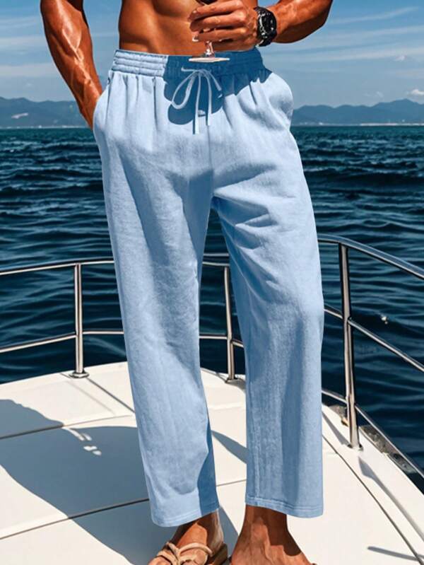 Men's Linen Pants, Summer Drawstring Breathable Casual Beach Pants, Elasticated Waist Rope Tie Trousers, Men's Vacation, Summer Suitable For Casual Holiday, Commuting, Loose Street Style Clothing, Men's Apparel