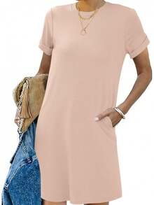 Womens Shirt Dresses Casual 2025 Summer Short Sleeve Loose Vacation Dress With Pockets - Pink - View 8