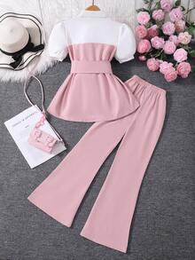 2pcs Girls' Lantern Sleeve Polo Collar Top & Wide Leg Pants Set, Casual/Party/Performance Outfit, Spring/Summer - Pink - View 2