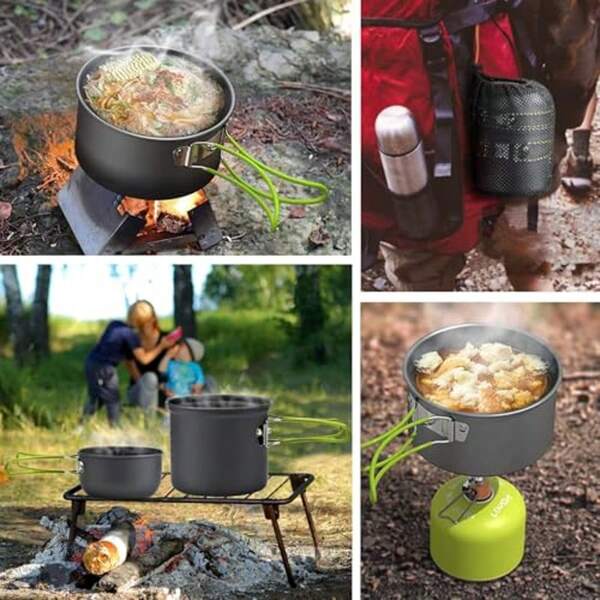 Conjunto de Utensílios de Cozinha para Camping, Conjunto de Panelas e Panelas de Camping com Mini Fogão para Mochileiro, Caneca de Aço Inoxidável, Garfo e Colher, Suporte de Tanque e Ferramentas de Limpeza, Equipamento de Cozinha para Atividades ao Ar Livre, Caminhada