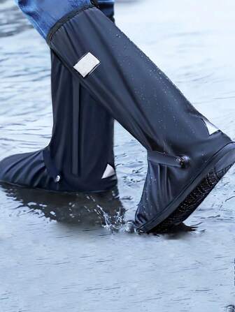1 双/黑色防水雨靴鞋套，带反光防水鞋套，可重复使用和可折叠拉链雨靴鞋套，防滑，男女雨具，可折叠便携式雨鞋套，适用于户外、学校、办公室、家庭、旅行、骑自行车